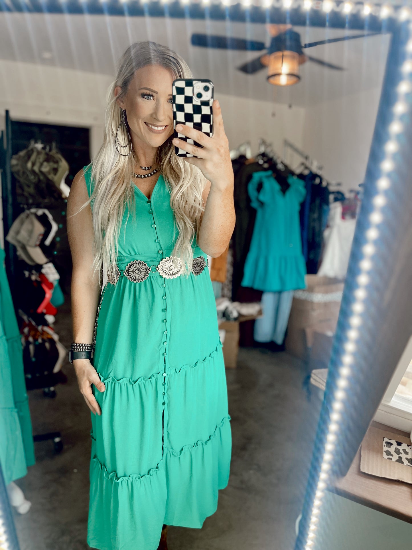 Sleeveless Button Down Tiered Midi Dress- Mint Green