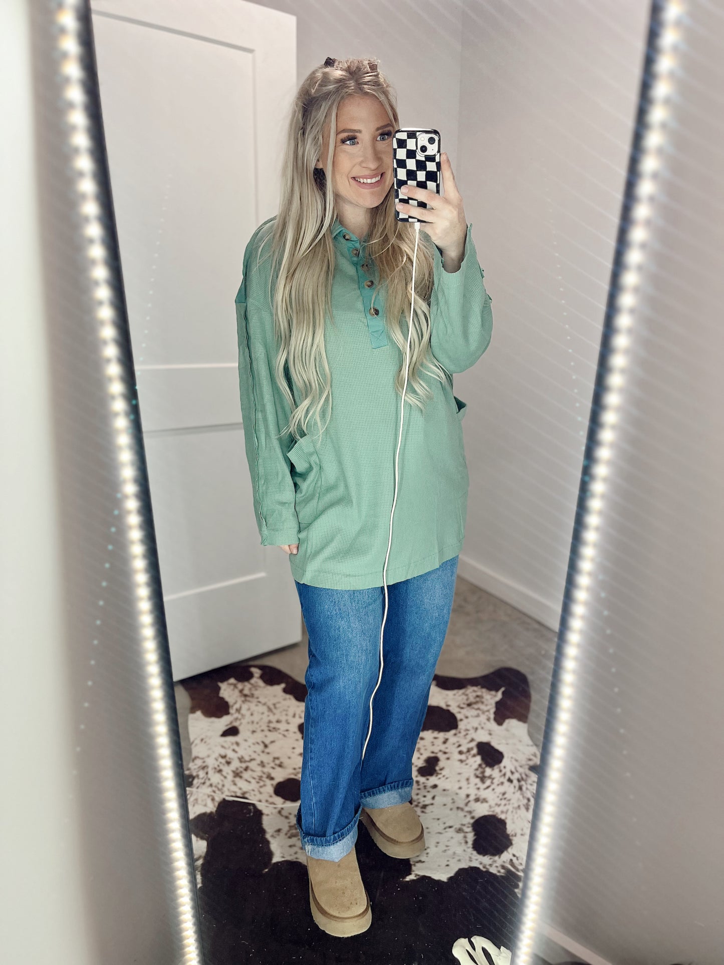 Oversized Waffle Knit Pullover- Green