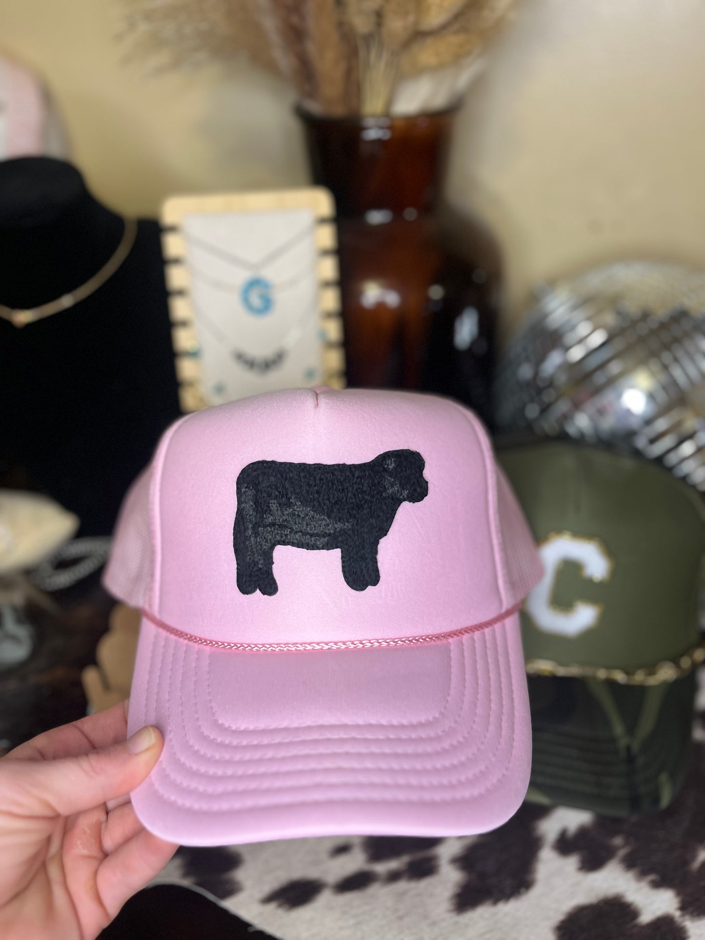 Baby Pink Trucker with Black Angus Bull