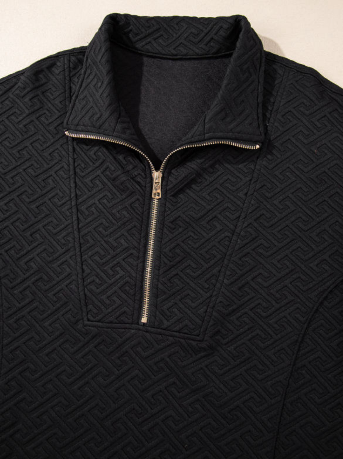 Textured Half Zip Pullover- Black