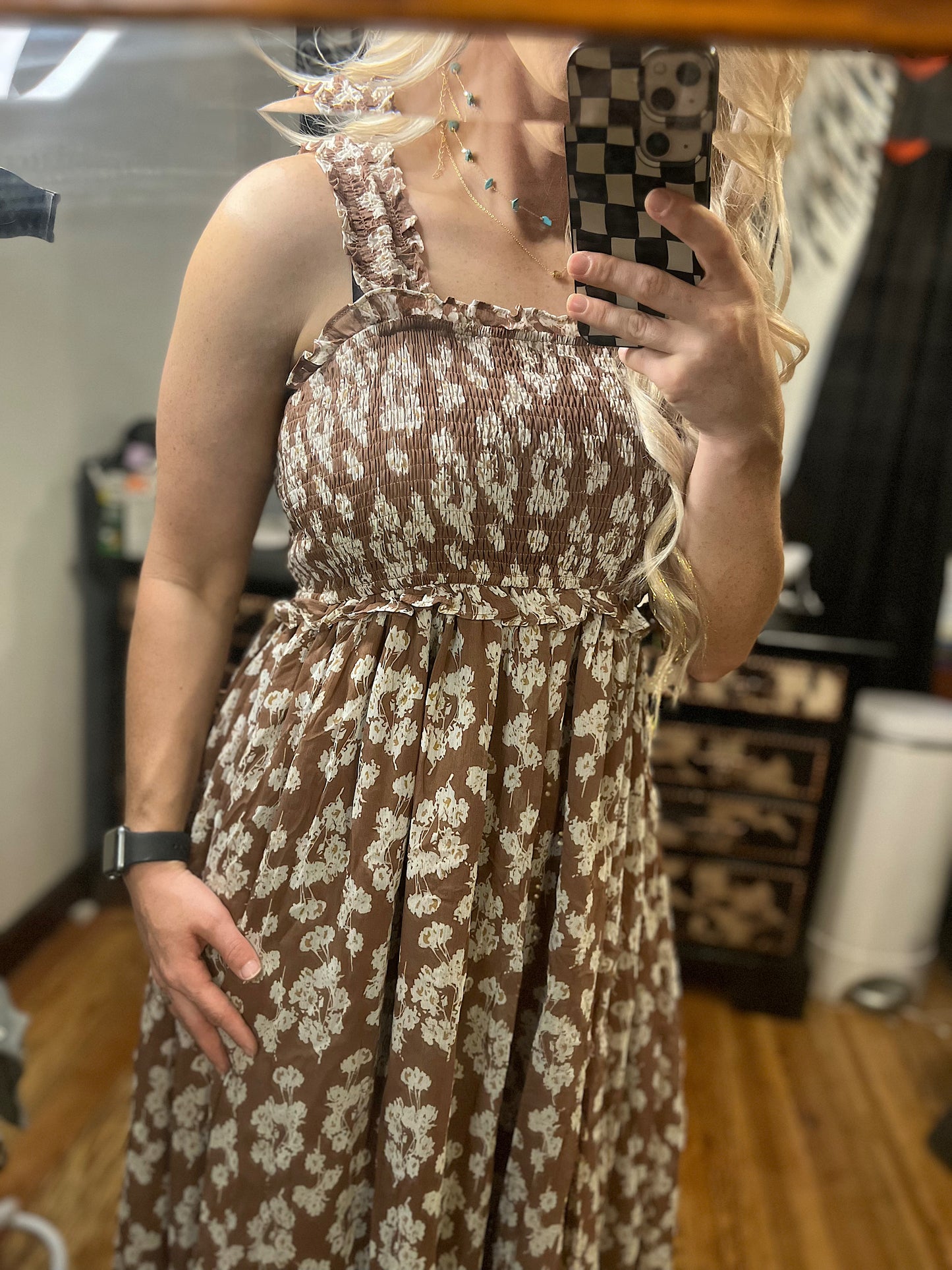 Brown Smocked Floral Maxi Dress