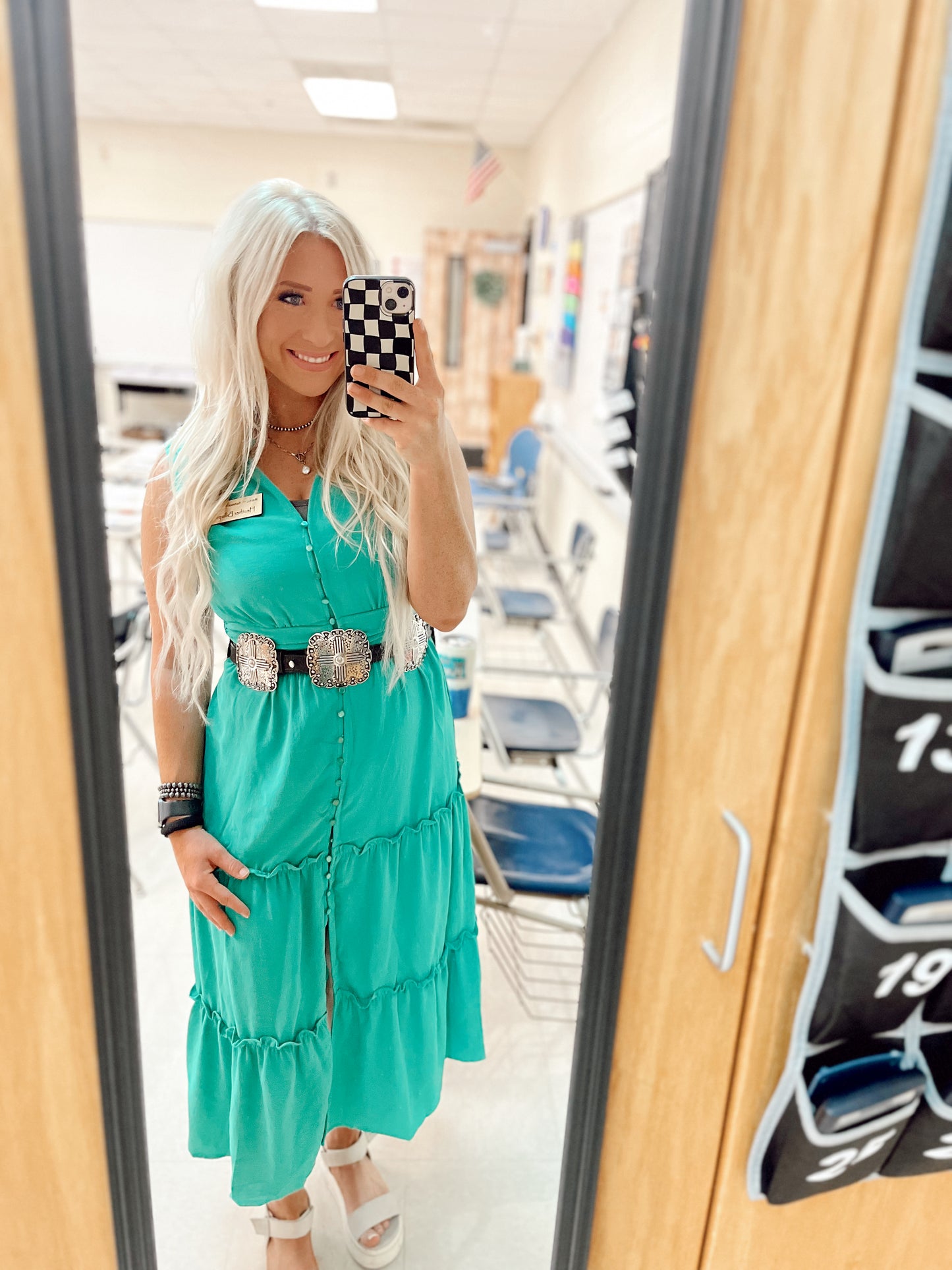 Sleeveless Button Down Tiered Midi Dress- Mint Green