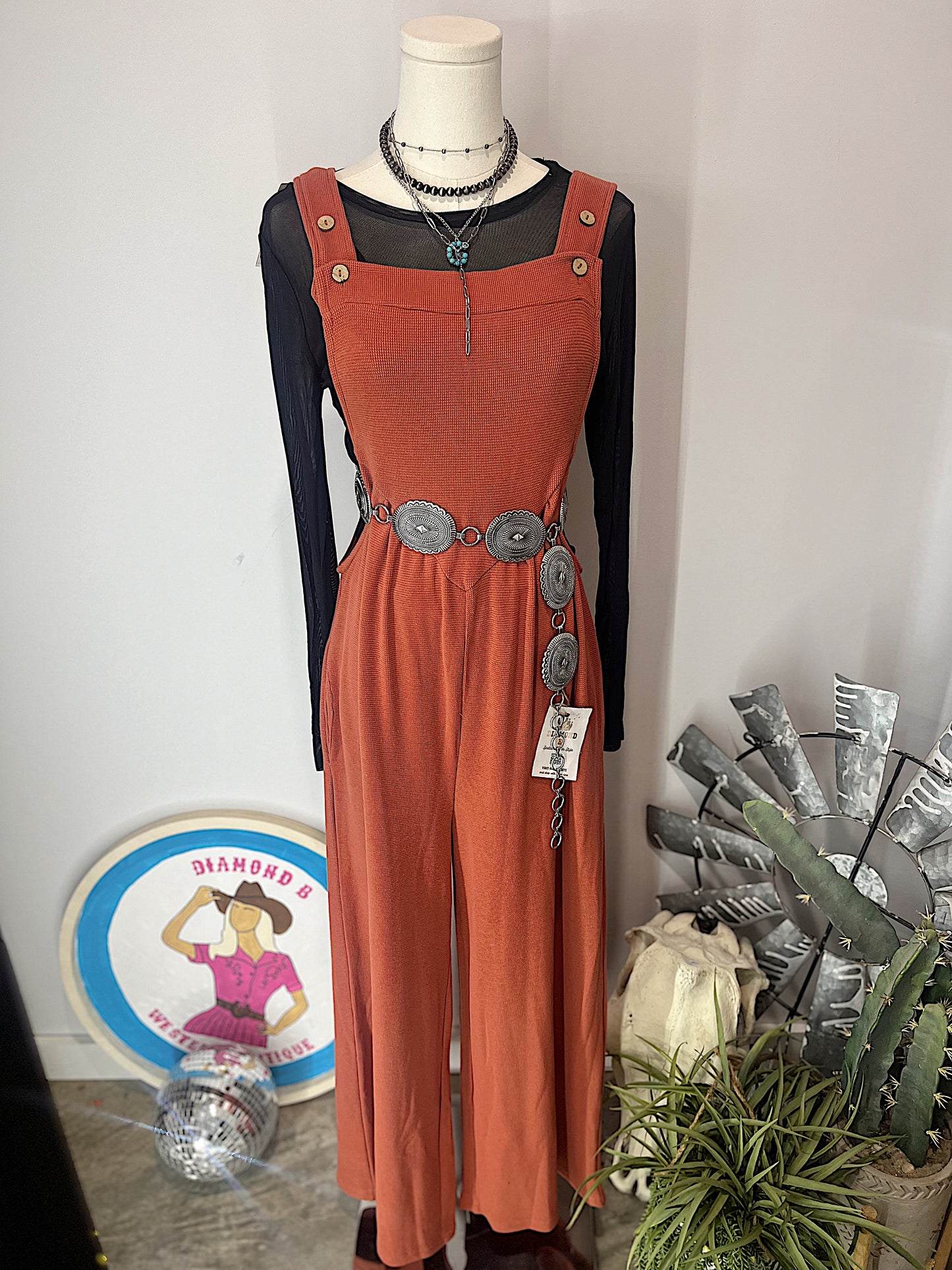 Waffle Knit Wide Leg Jumpsuit- Rust