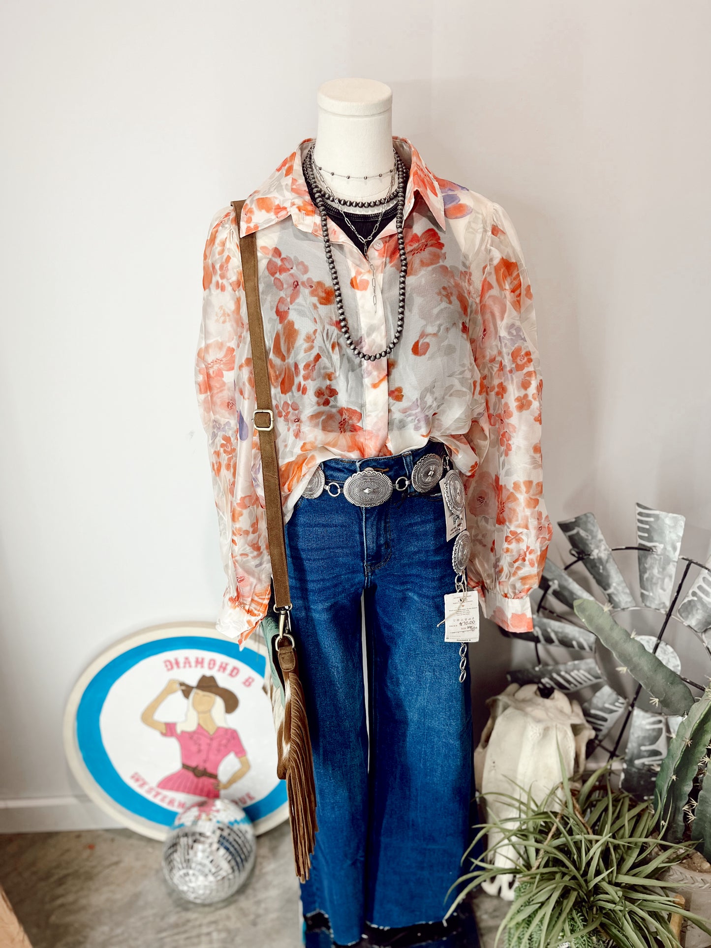 White Floral Print Balloon Sleeve Shirt
