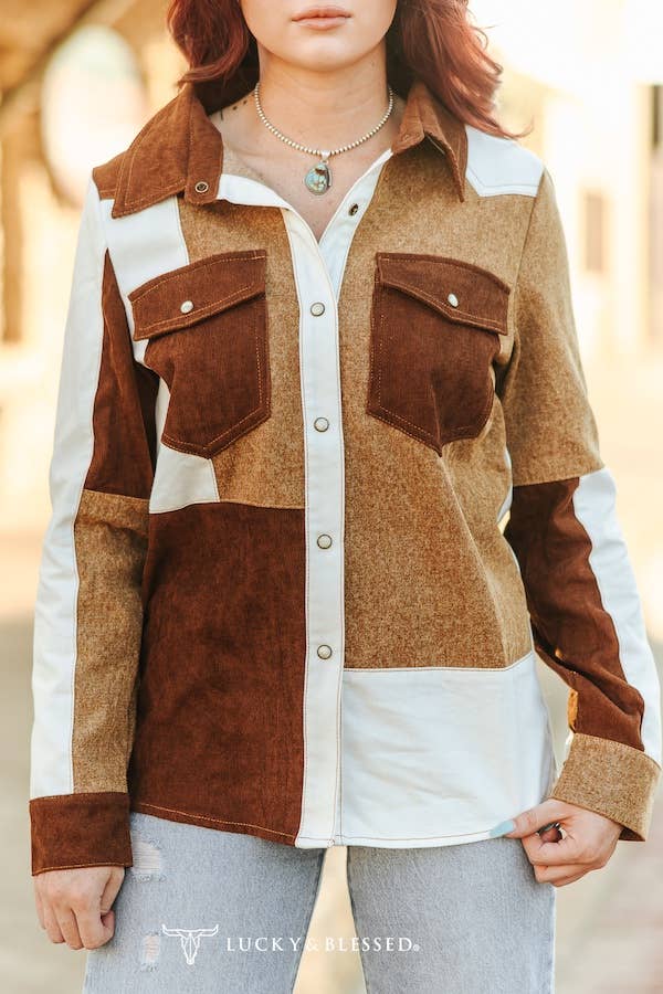Multi-Fabric Patchwork Denim Pearl Snap Western Shirt
