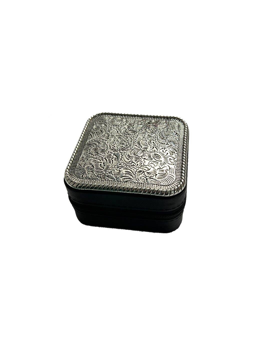 WESTERN ETCHED METAL PLATE JEWELRY BOX: Brown