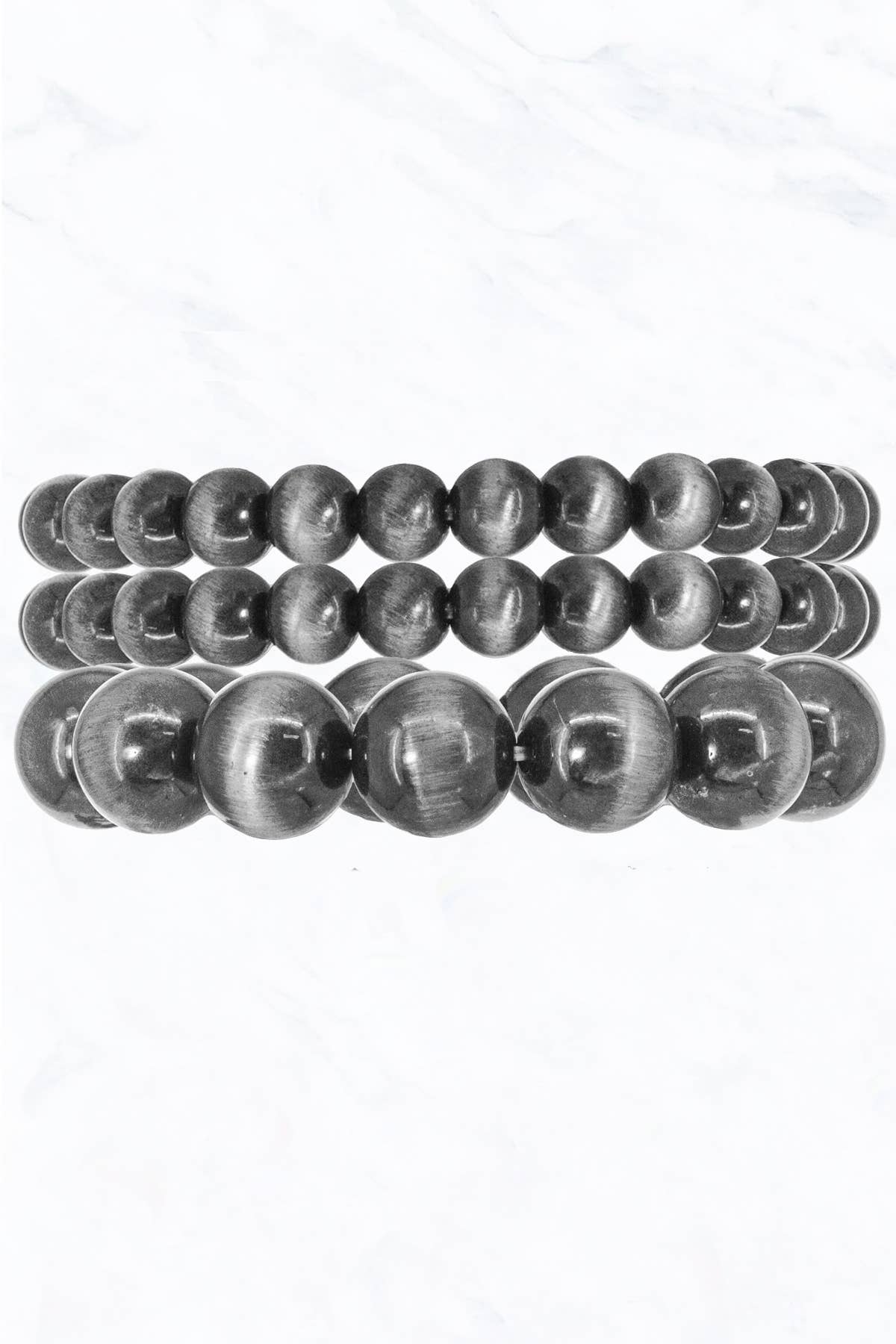 3 Row Multi Size Bead Ball Western Stretch Bracelet: Burnish Silver