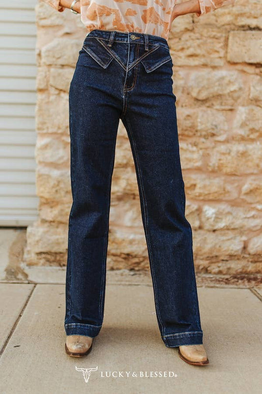 Dark Wash High Rise V-Yoke Trouser Denim Jeans