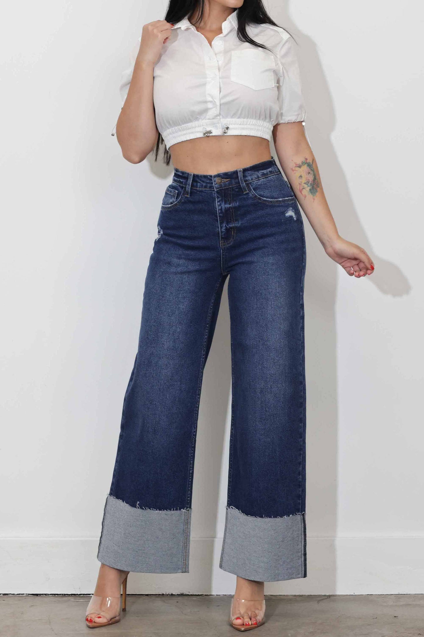 Wide Leg Jeans with Comfort Stretch & Cuff- Dark Stone