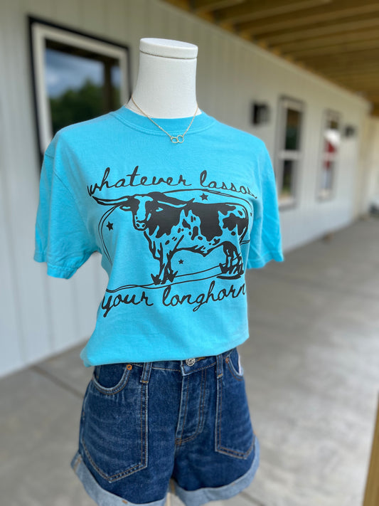 Whatever Lassos Your Longhorn- Neon Blue Comfort Colors