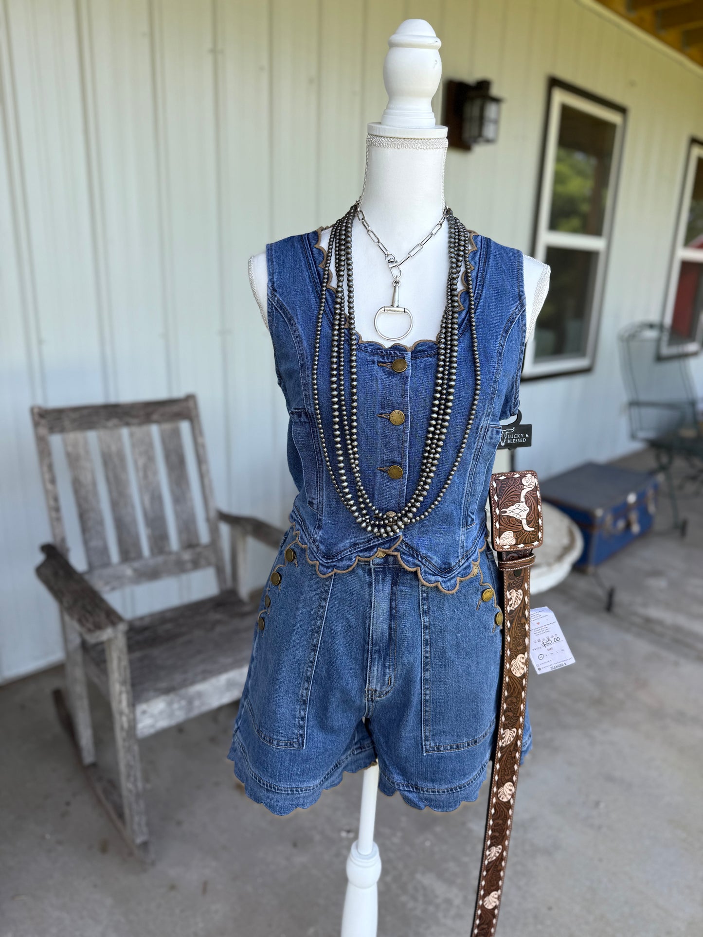 Scallop Trim Stretch Denim Vest—Drift Blue