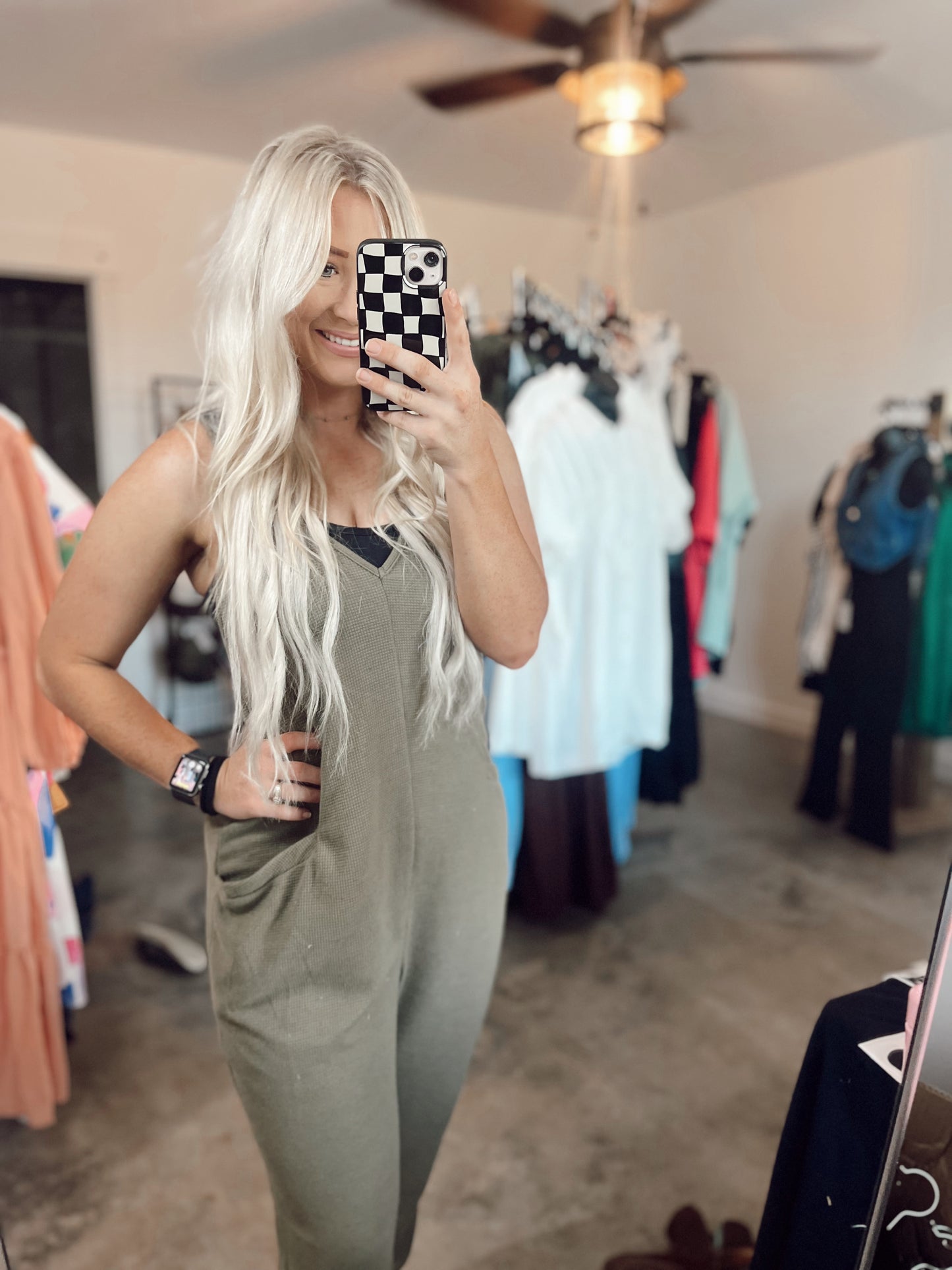 Waffle Knit Spafhetti Strap Jumpsuit- Olive Green