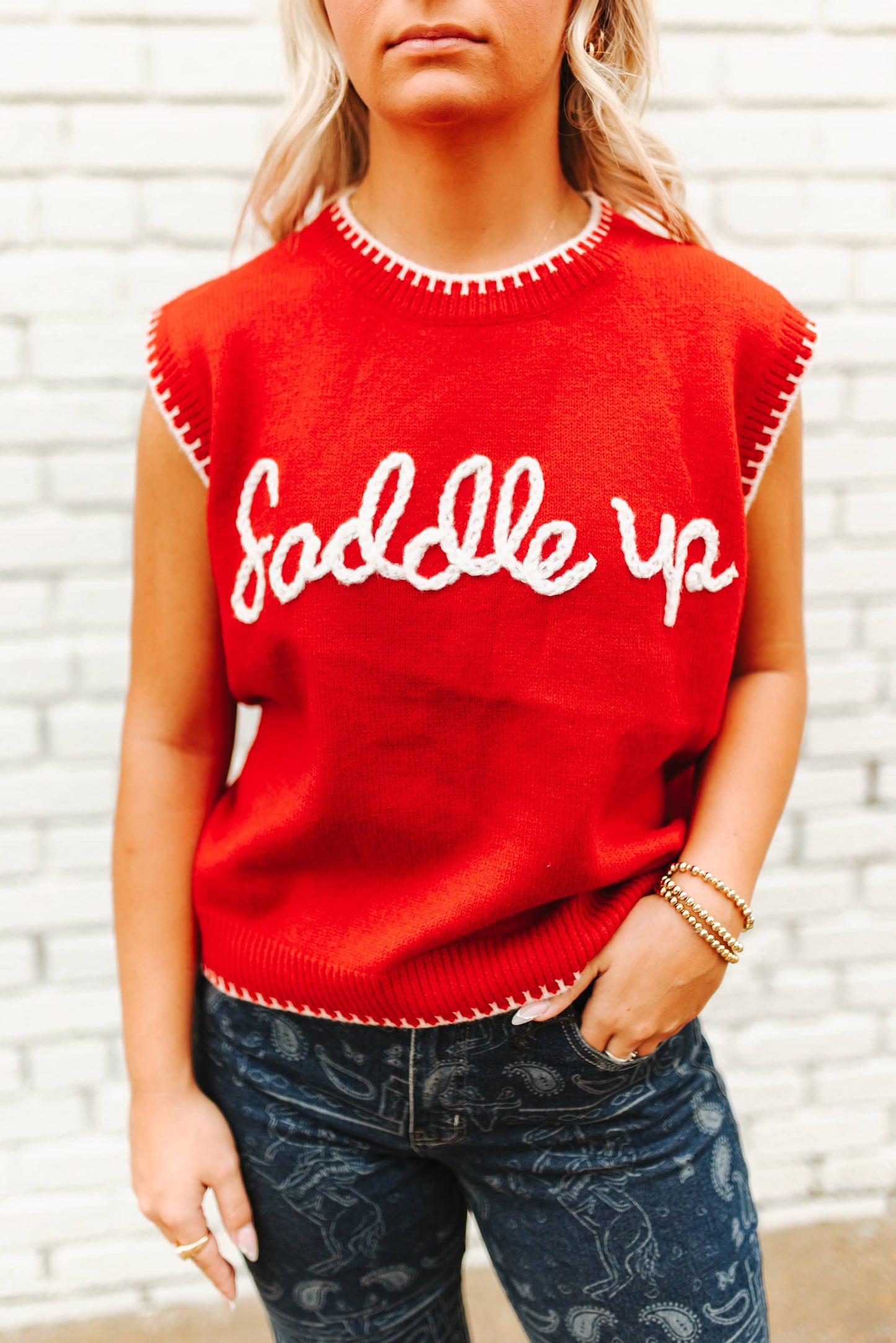 "Saddle Up" Red Knitted Sleeveless Sweater Top