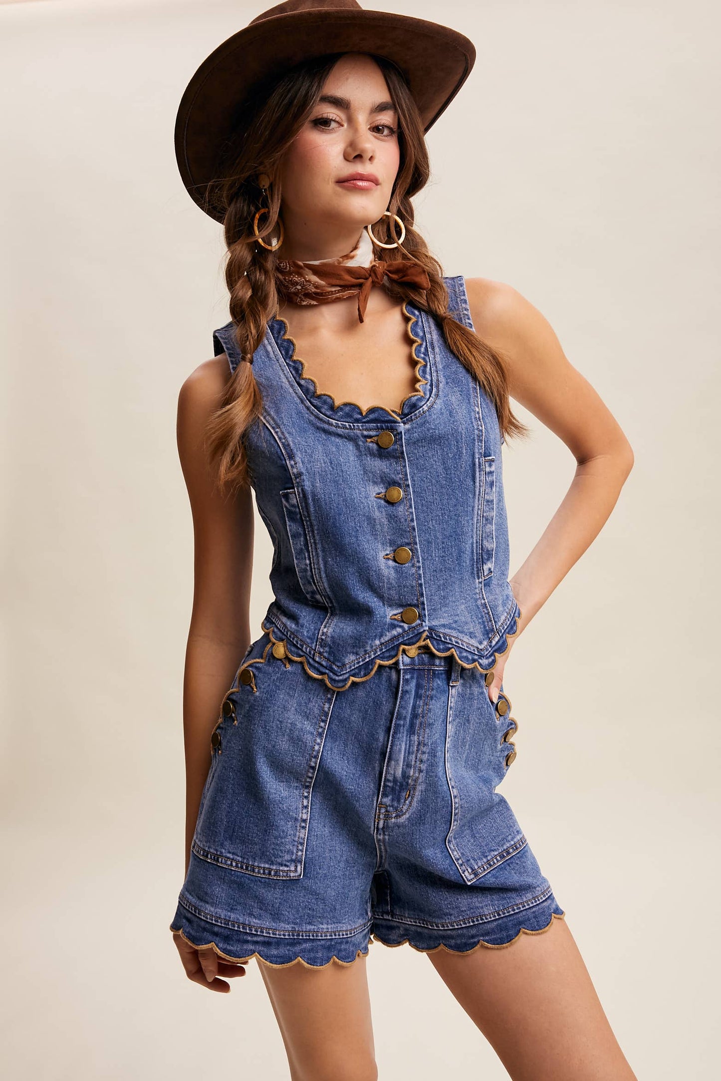 Scallop Trim Stretch Denim Vest—Drift Blue