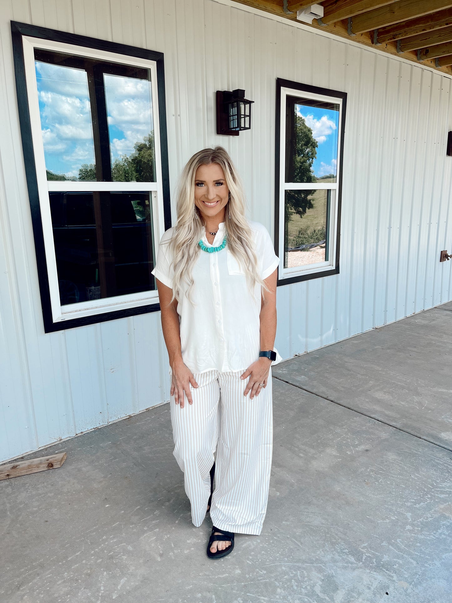 Khaki Striped Wide Leg Pants