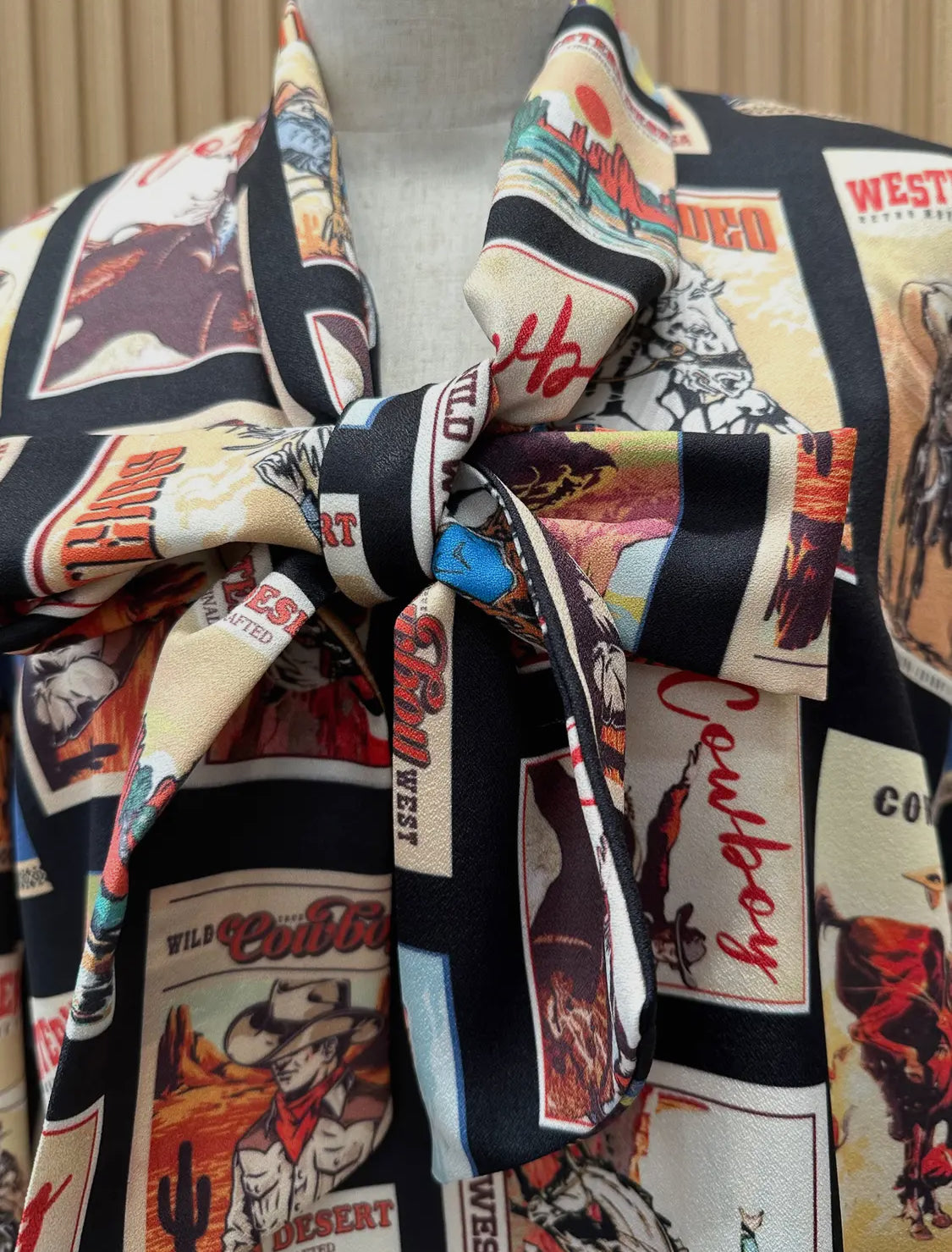 Western Cowboy Stamps Print— Ribbon Blouse