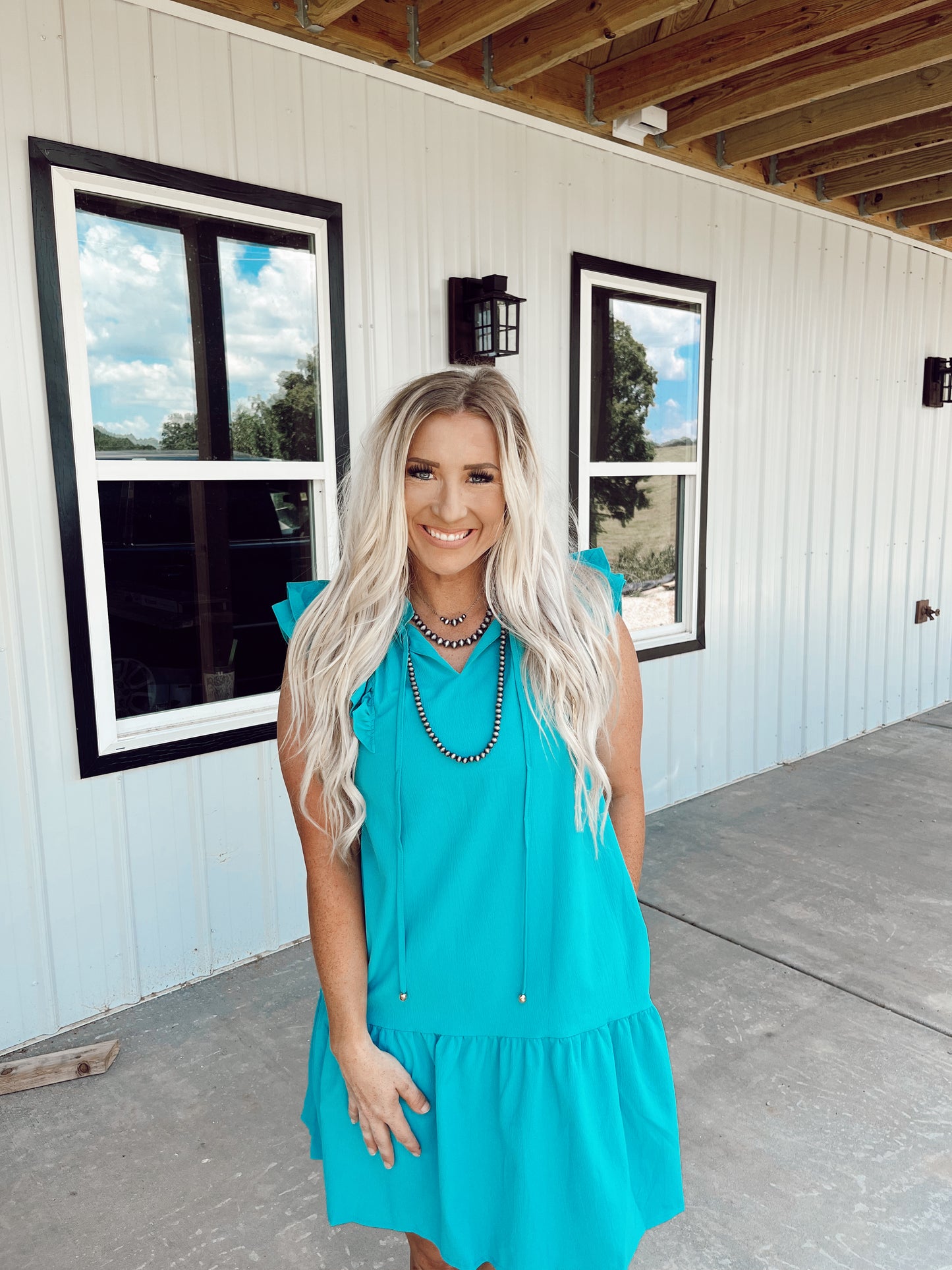 Tiered Ruffle Sleeved Mini Dress- Teal