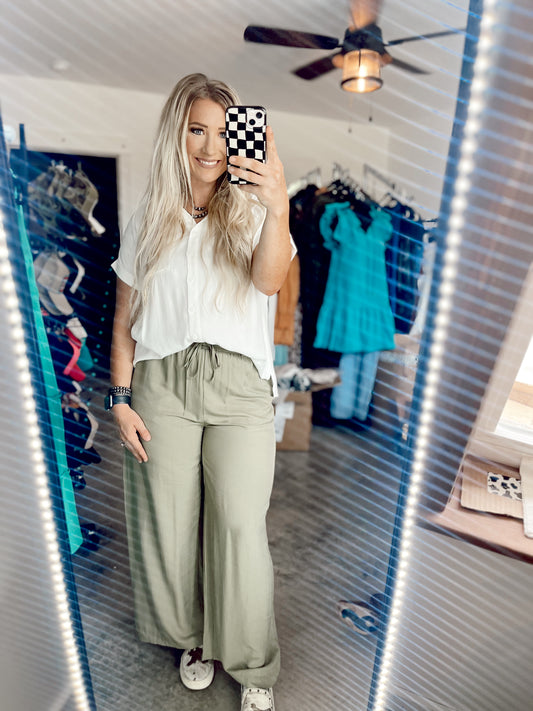 Casual Wide Leg Pants- Olive Green