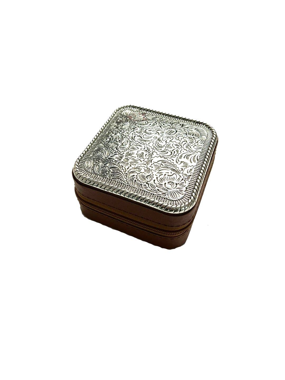 WESTERN ETCHED METAL PLATE JEWELRY BOX: Black
