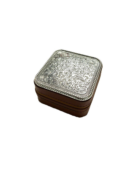 WESTERN ETCHED METAL PLATE JEWELRY BOX: Brown