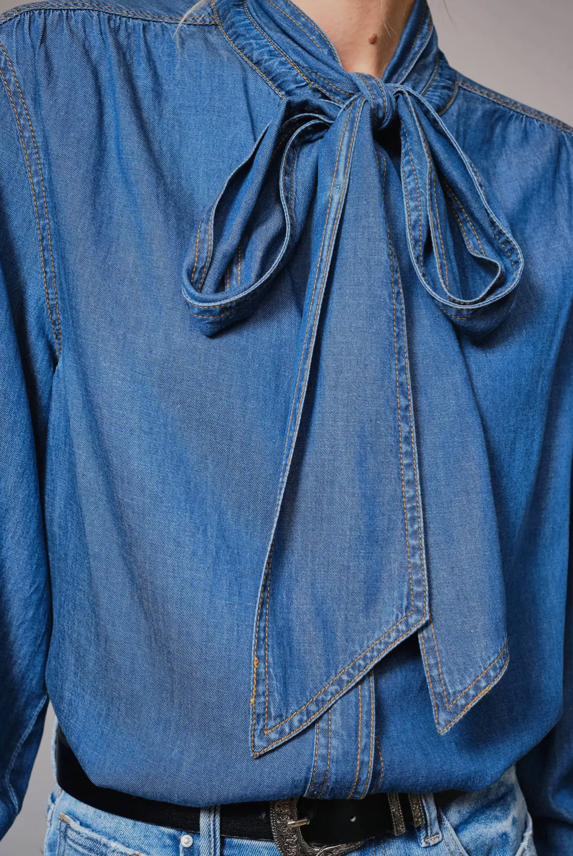 Denim Blue Tie Top Blouse- Dark Wash