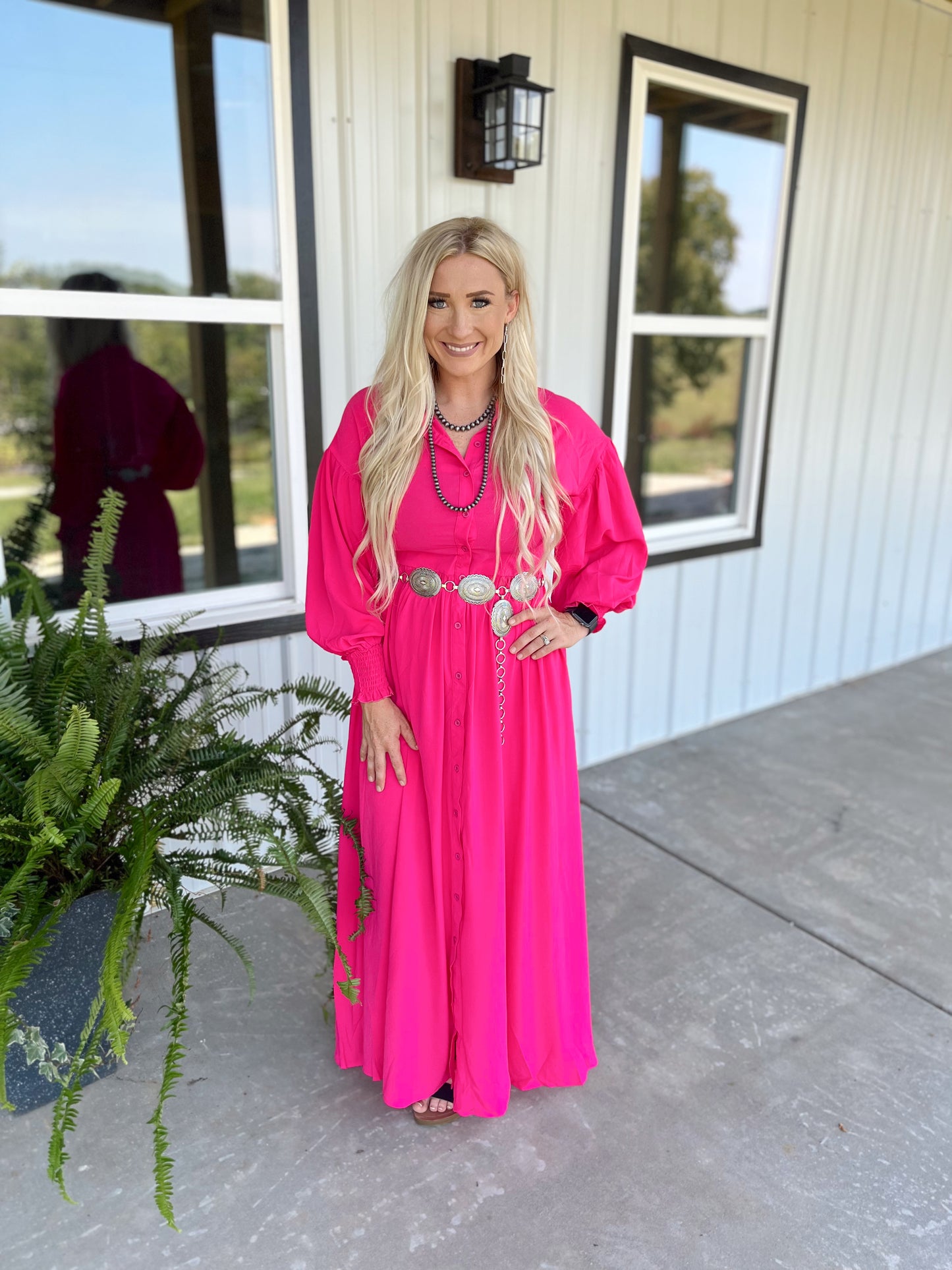 Hot Pink Bubble Sleeve Maxi Dress