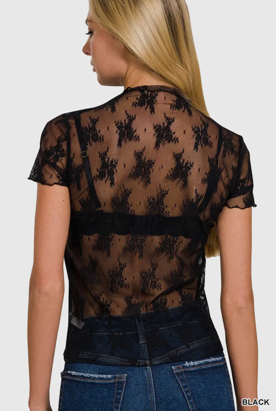 Lace Layering Short Sleeve Shirt- Black