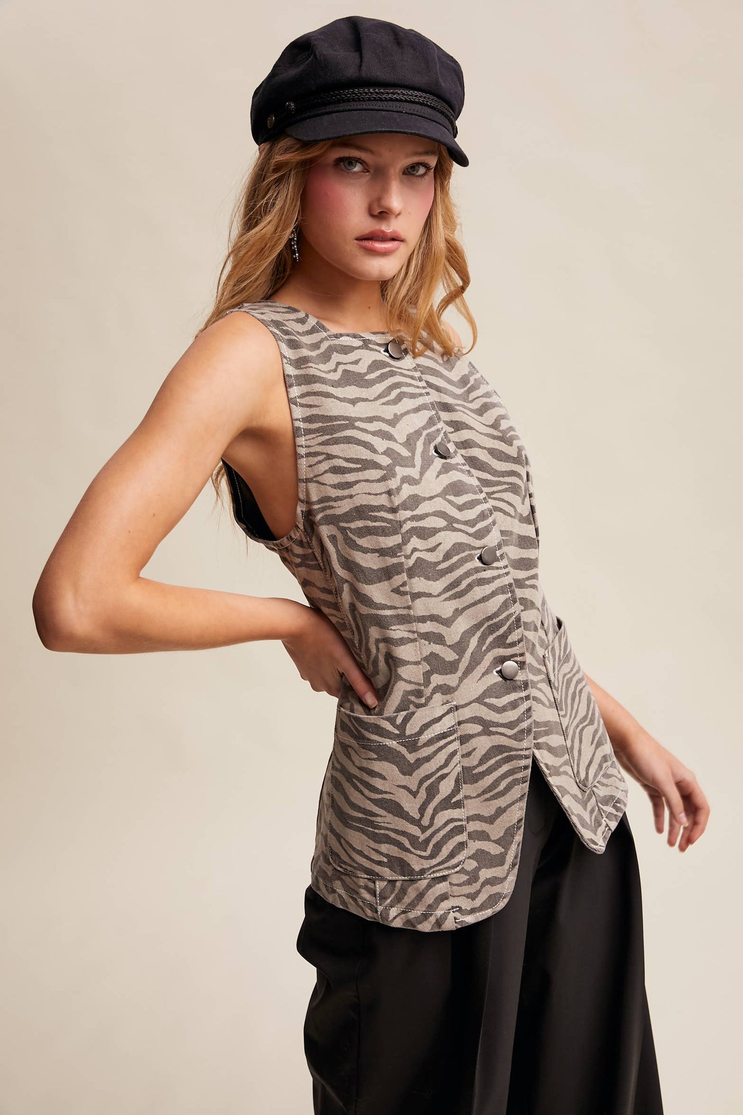 Zebra Print Button-Front Denim Vest—Mocha