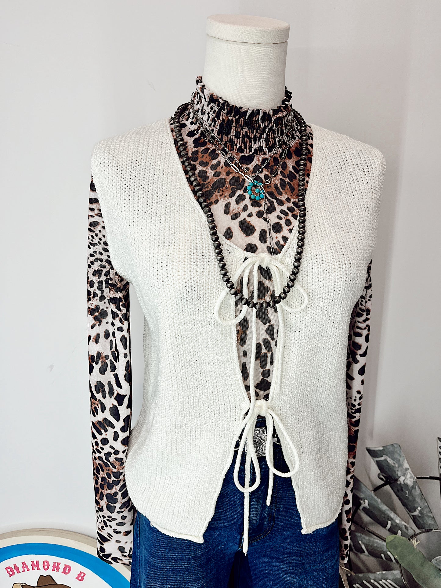Beige Lace Up Sweater Vest