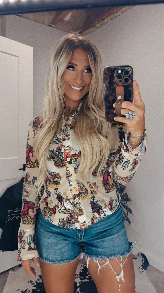 Western Cowboy Graphic Mesh Blouse