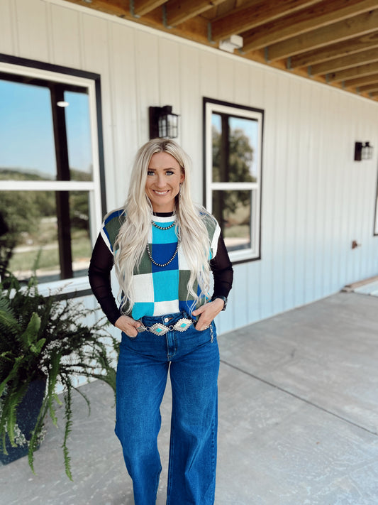 Dark Blue Color Block Cap Sleeved Sweater