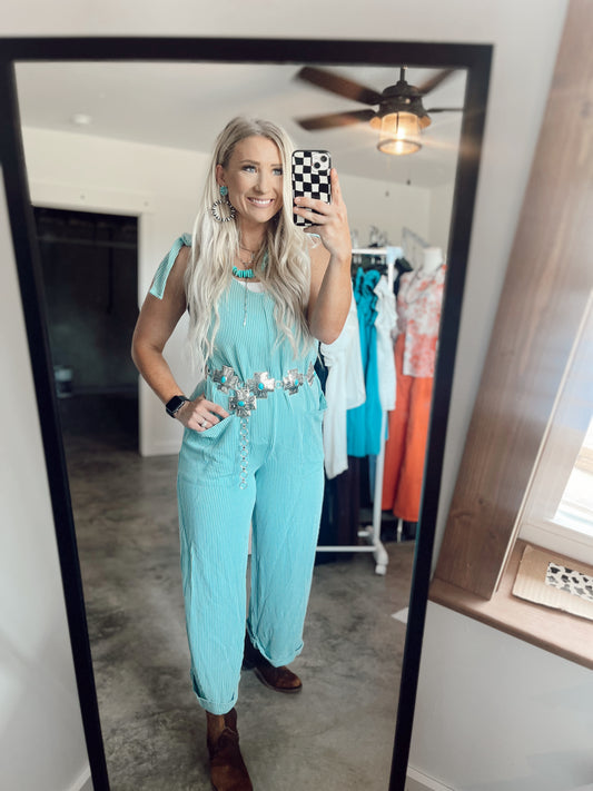 Corded Tie Straps Wide Leg Jumpsuit- Moonlight Jade