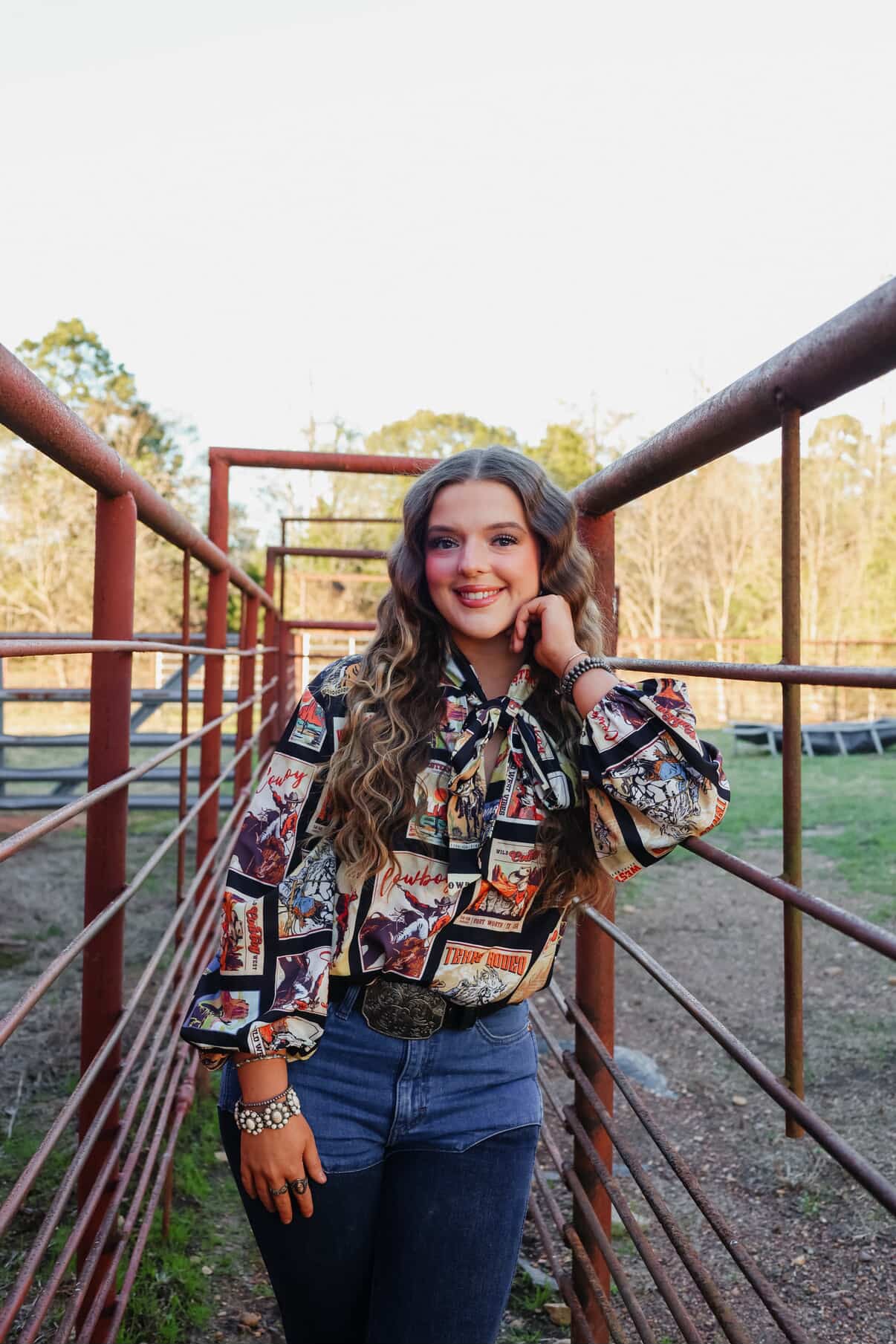 Western Cowboy Stamps Print— Ribbon Blouse