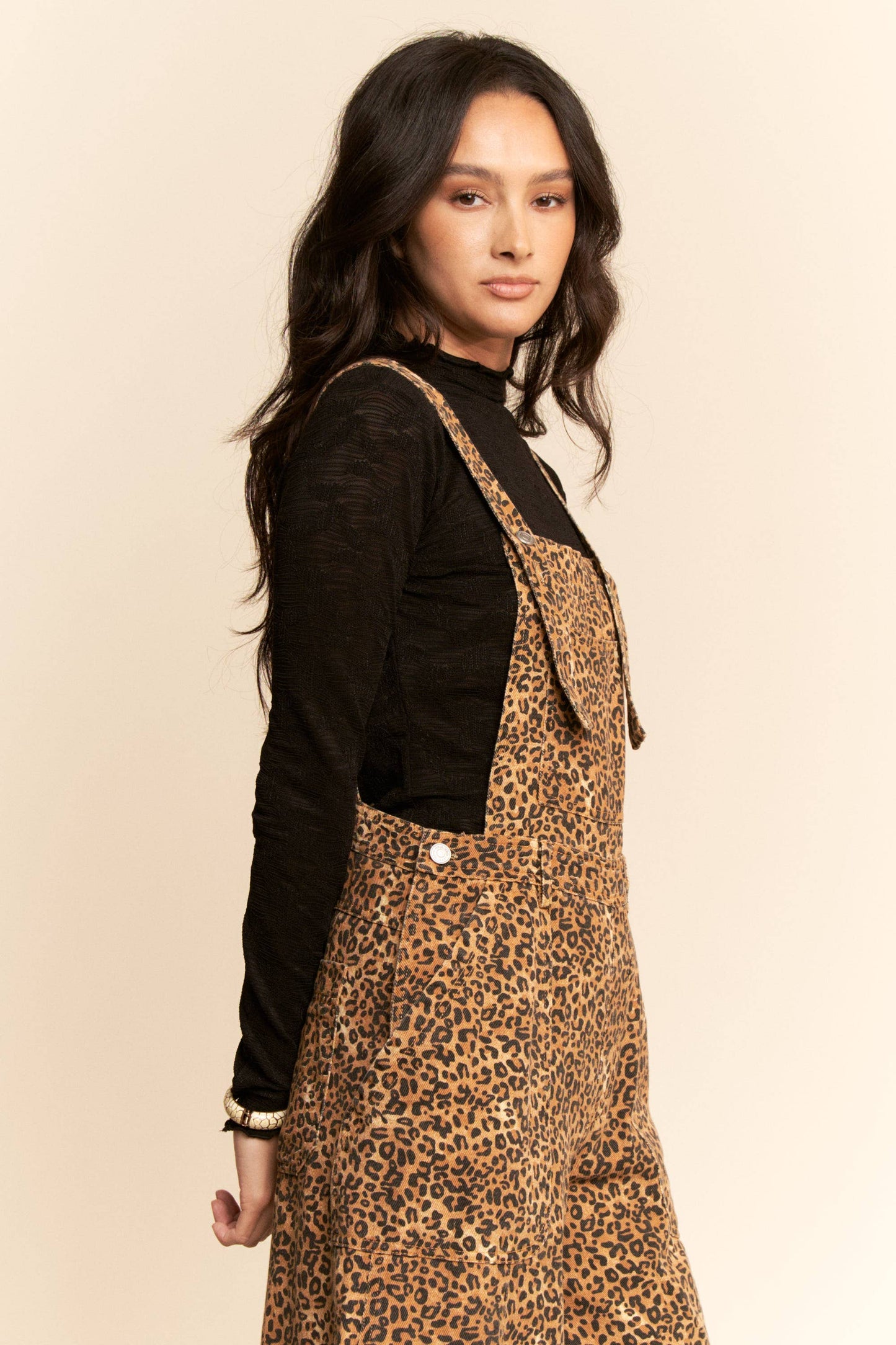 Denim Cheetah Wide Leg Overalls