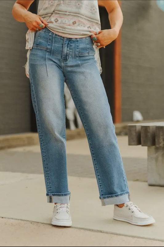 Lucky & Blessed: Mid Wash High Rise Boyfriend Jeans
