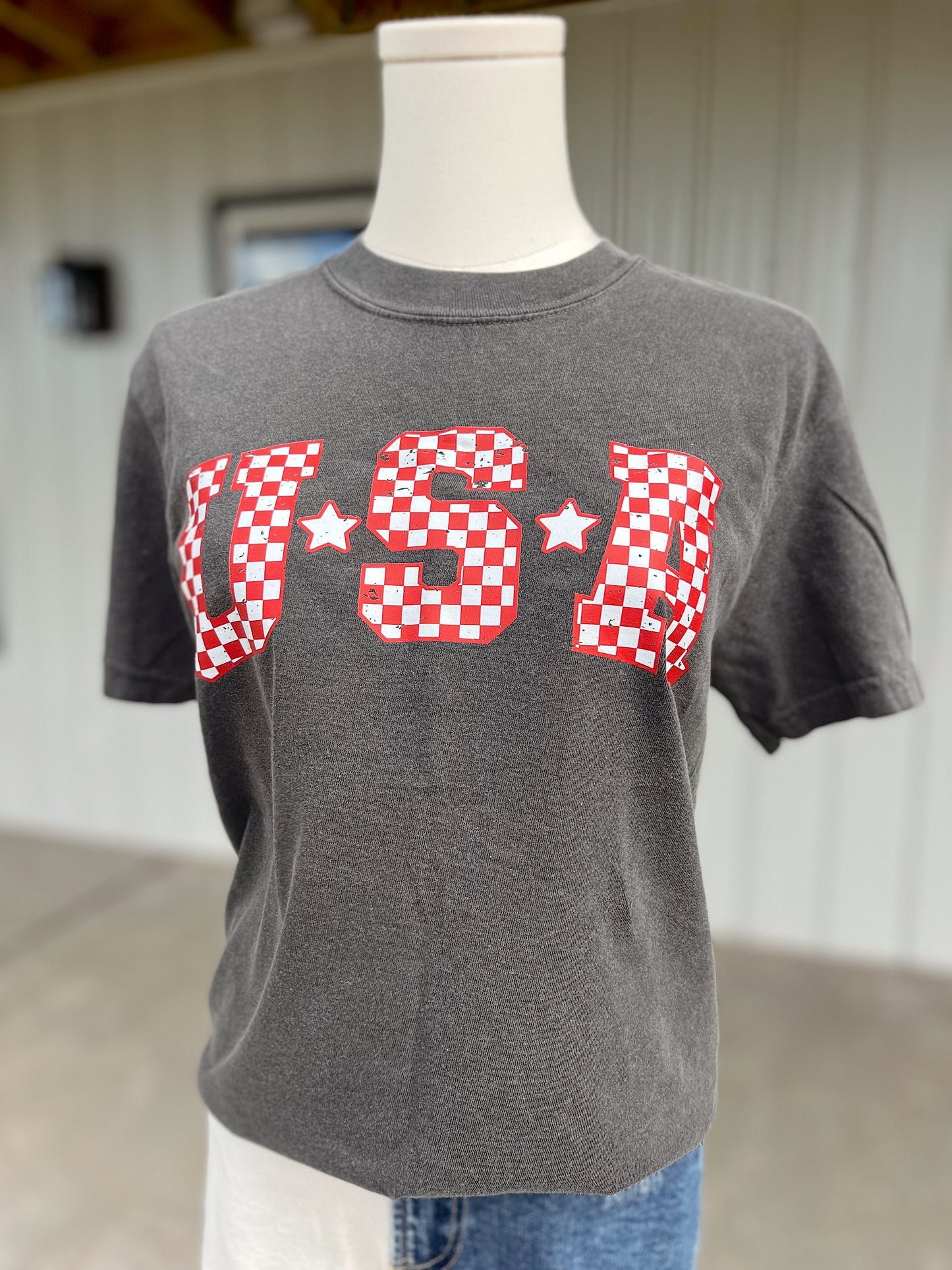 Red and White Checkered USA on Comfort Colors- Pepper