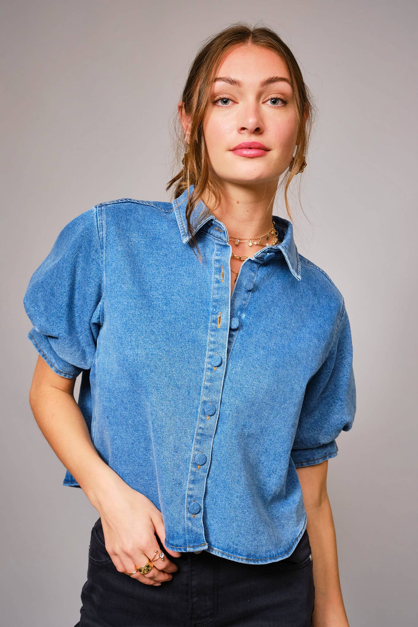 Puff Short Sleeve Button Down Denim Shirt— Medium Wash
