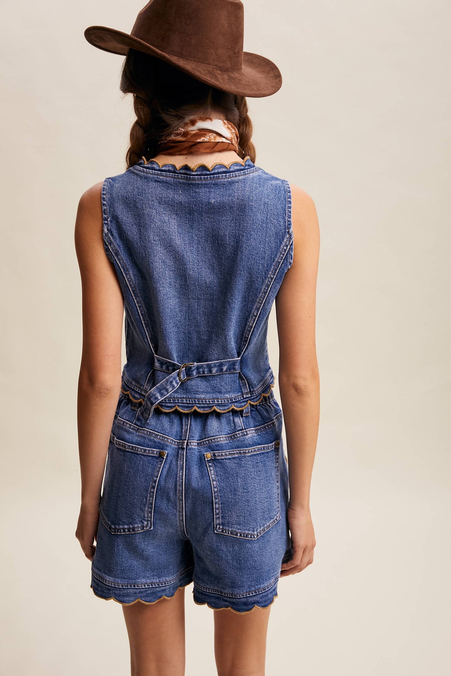 Scallop Trim Stretch Denim Vest—Drift Blue