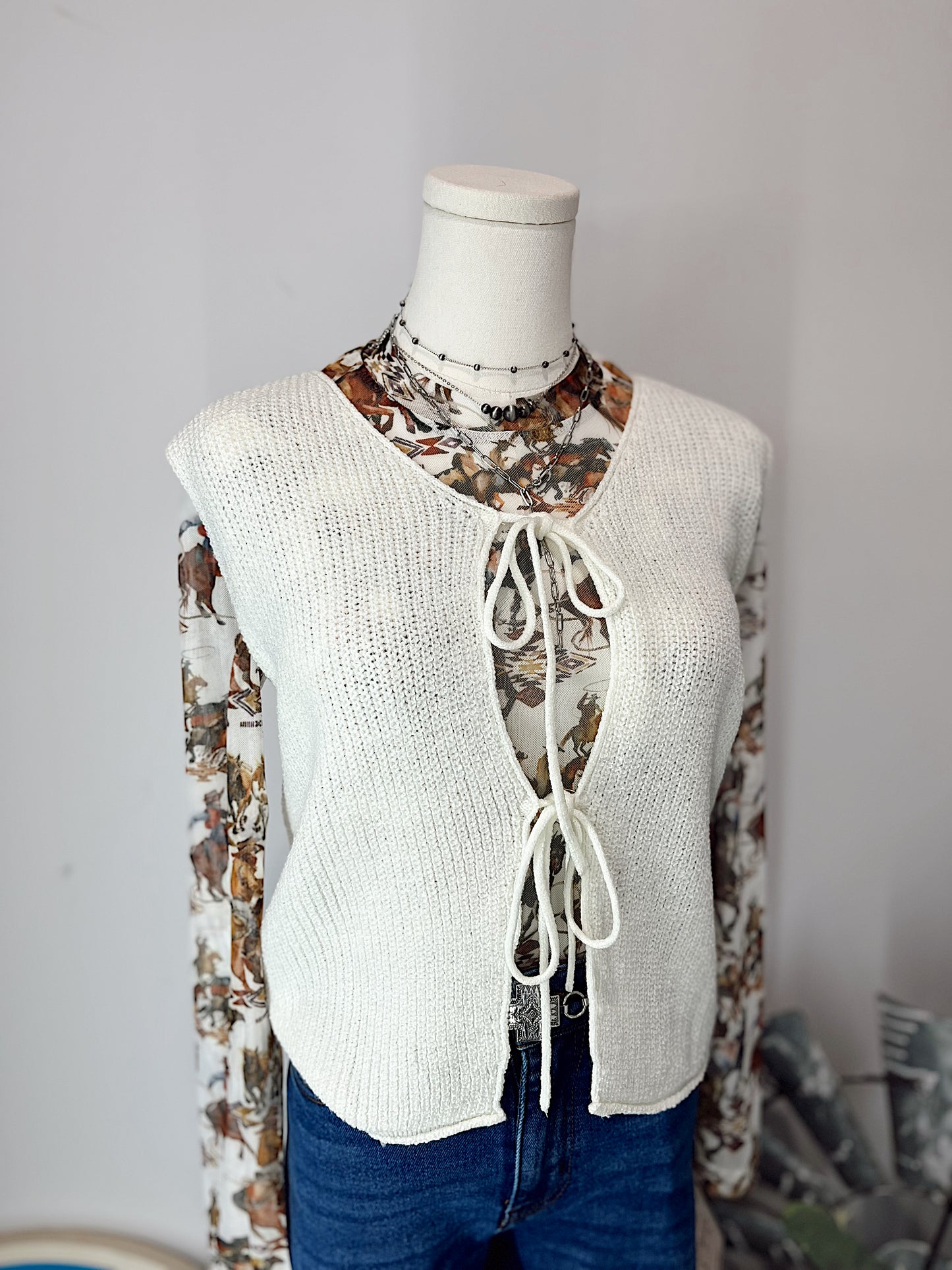 Beige Lace Up Sweater Vest