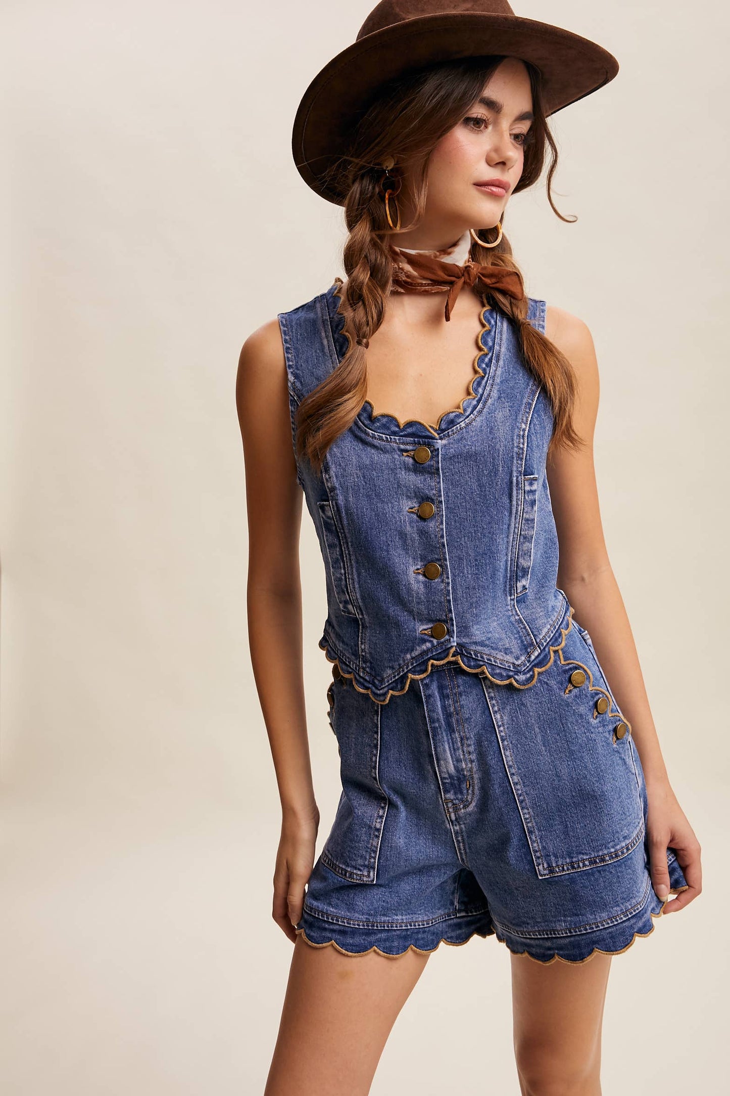 Scallop Trim Stretch Denim Vest—Drift Blue