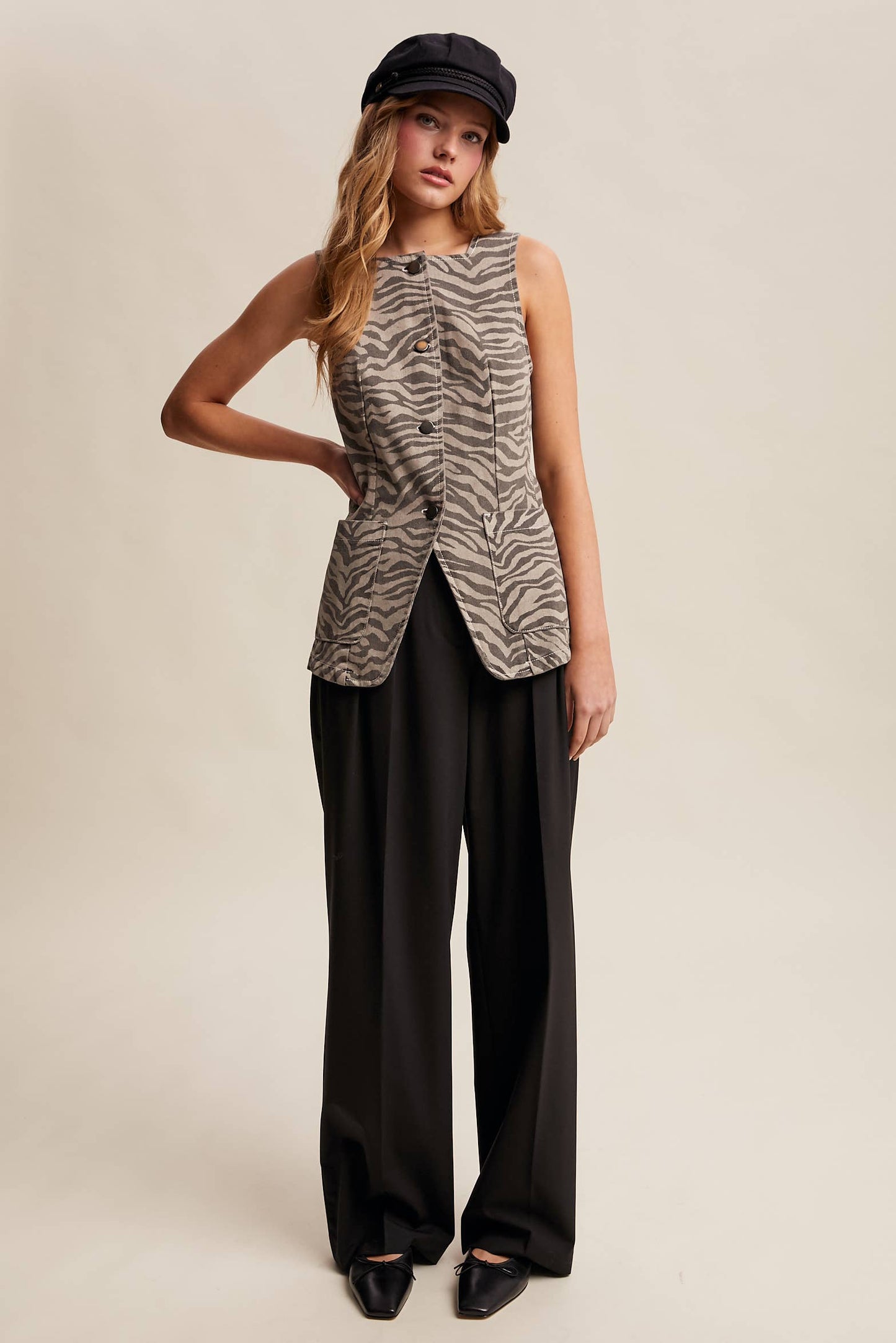 Zebra Print Button-Front Denim Vest—Mocha