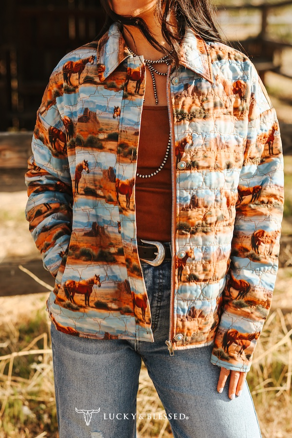 Desert Horse Printed Quilted Jacket W Front Pockets
