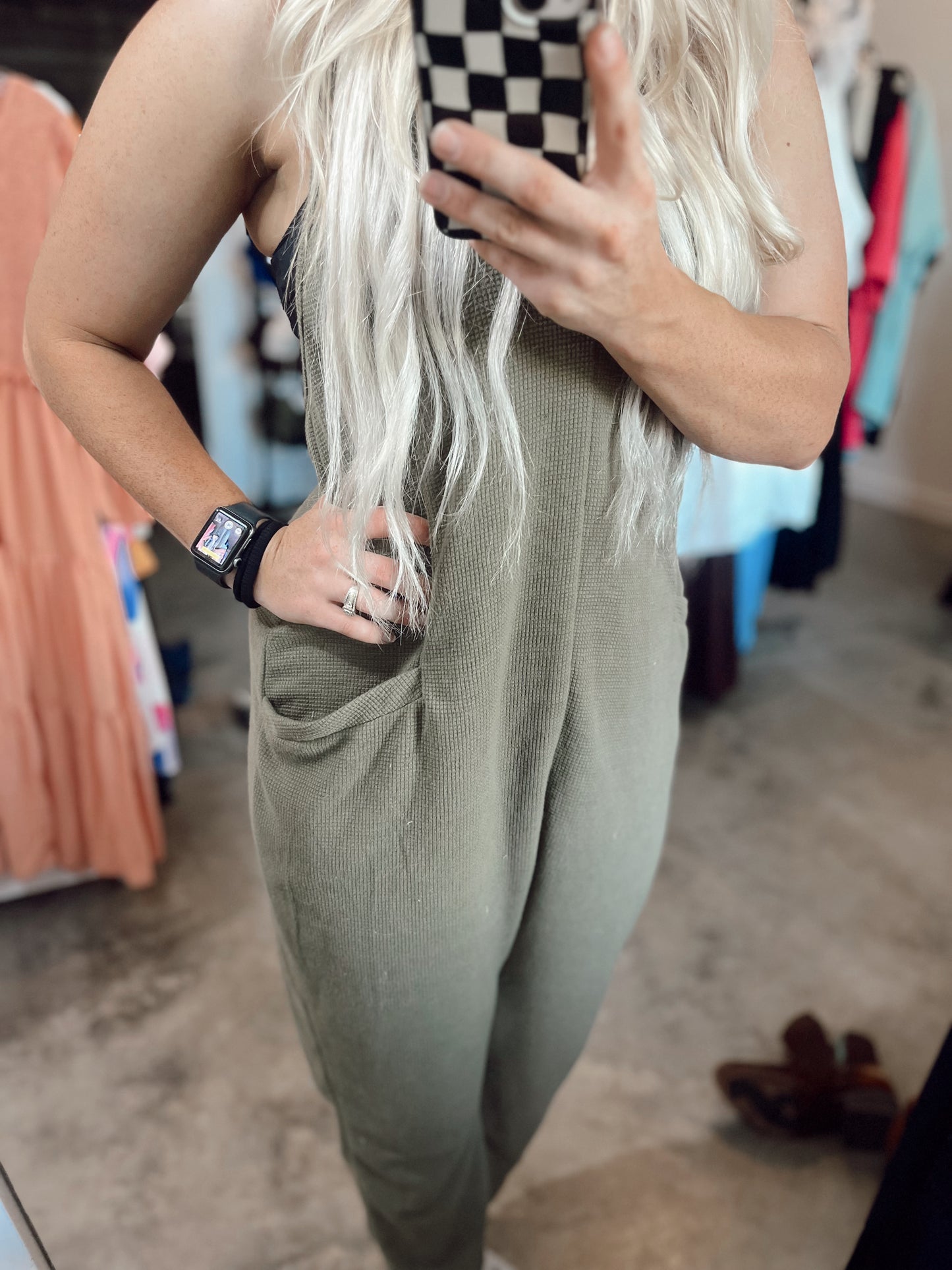 Waffle Knit Spafhetti Strap Jumpsuit- Olive Green