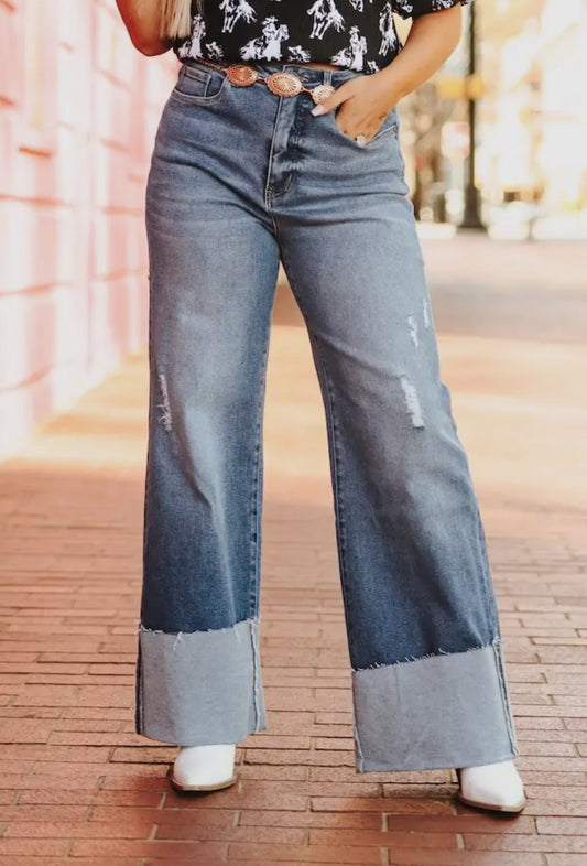Lucky & Blessed Mid-Wash High Rise Trouser Jeans with Cuff