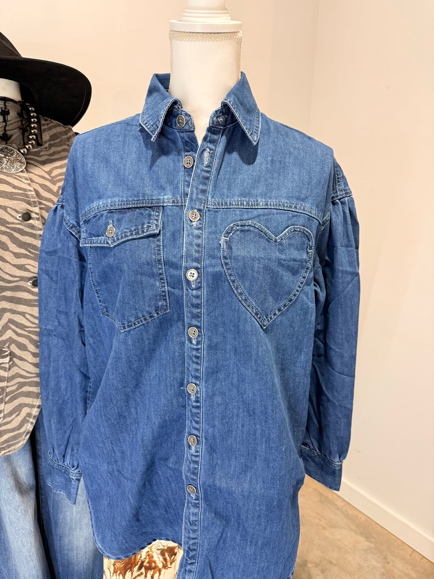 Heart Detail Oversized Denim Shirt