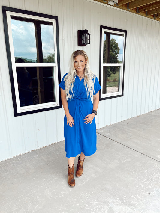 Twist Front Smocked Button Down- Royal Blue