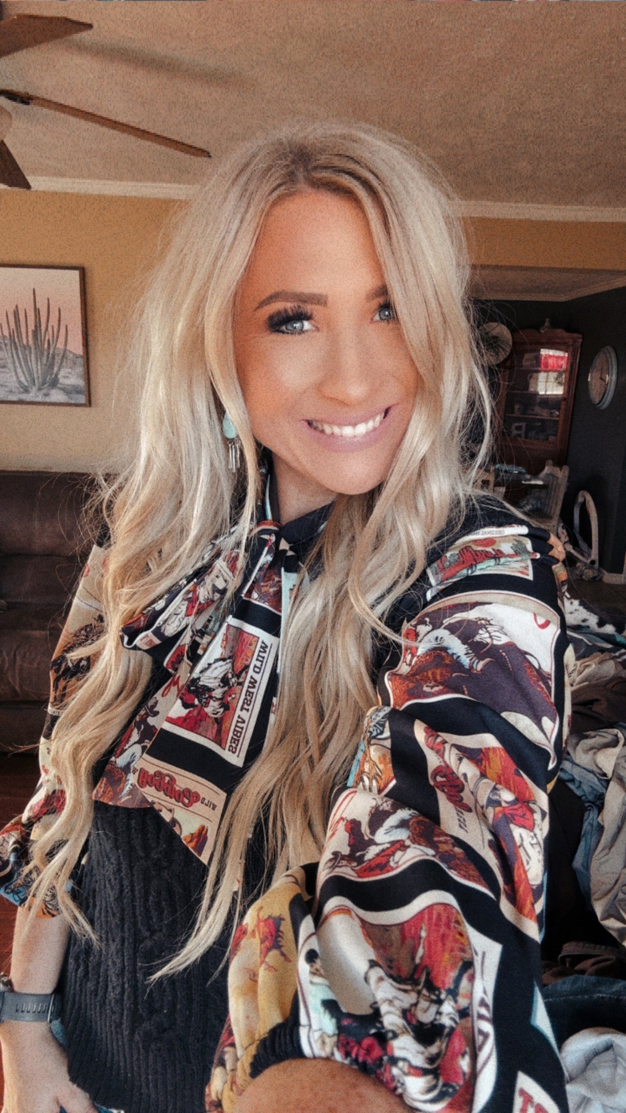 Western Cowboy Stamps Print— Ribbon Blouse