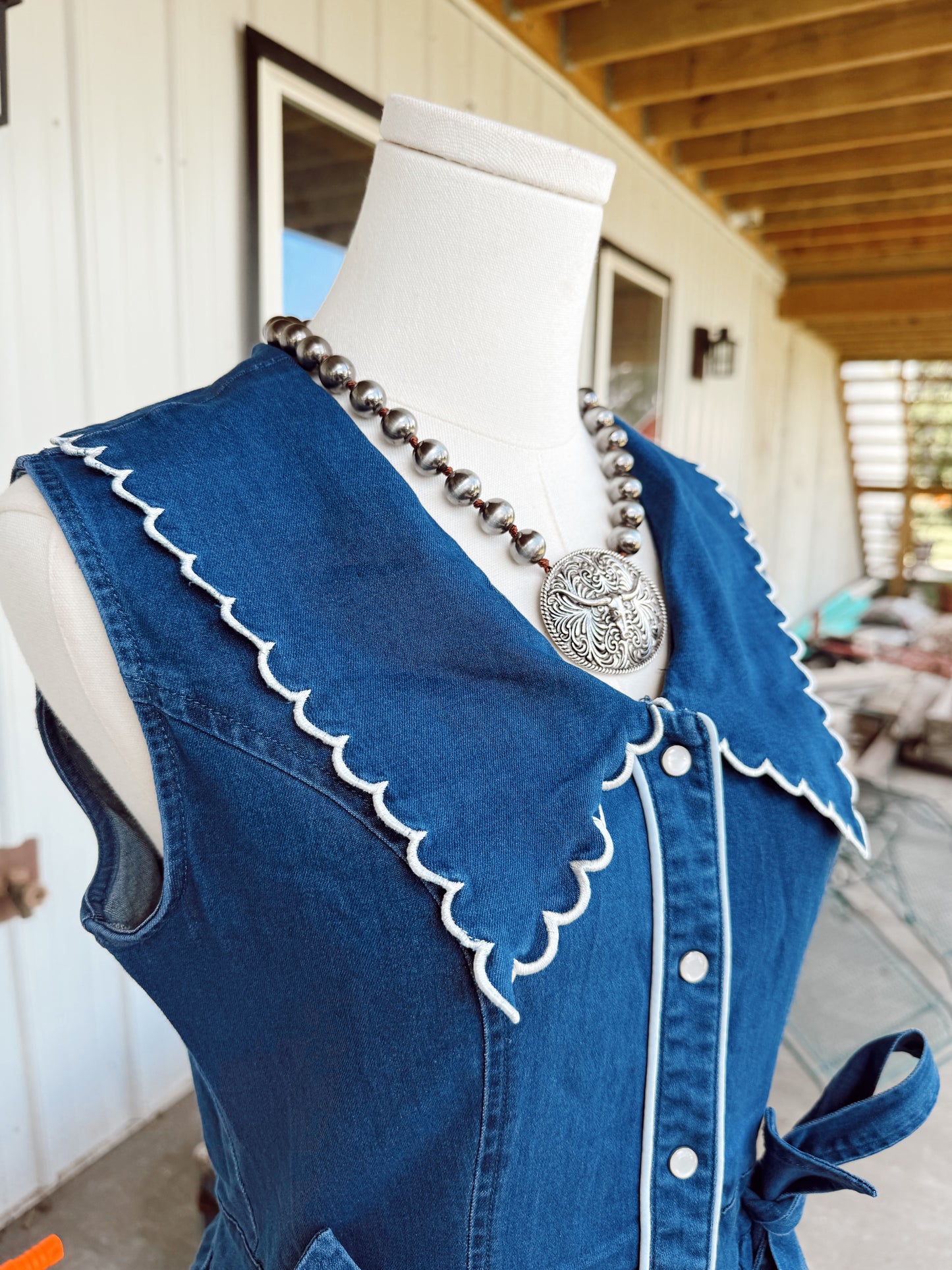 Mid Wash Stretch Denim Bib Collar Pearl Snap Dress