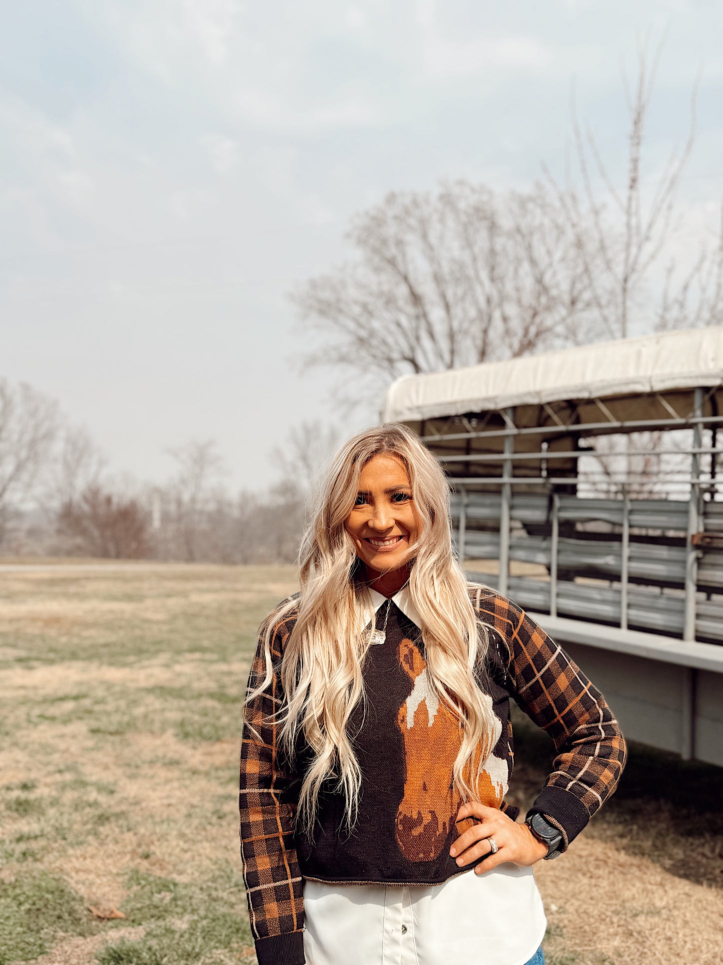 Side Pony Checkered Sweater