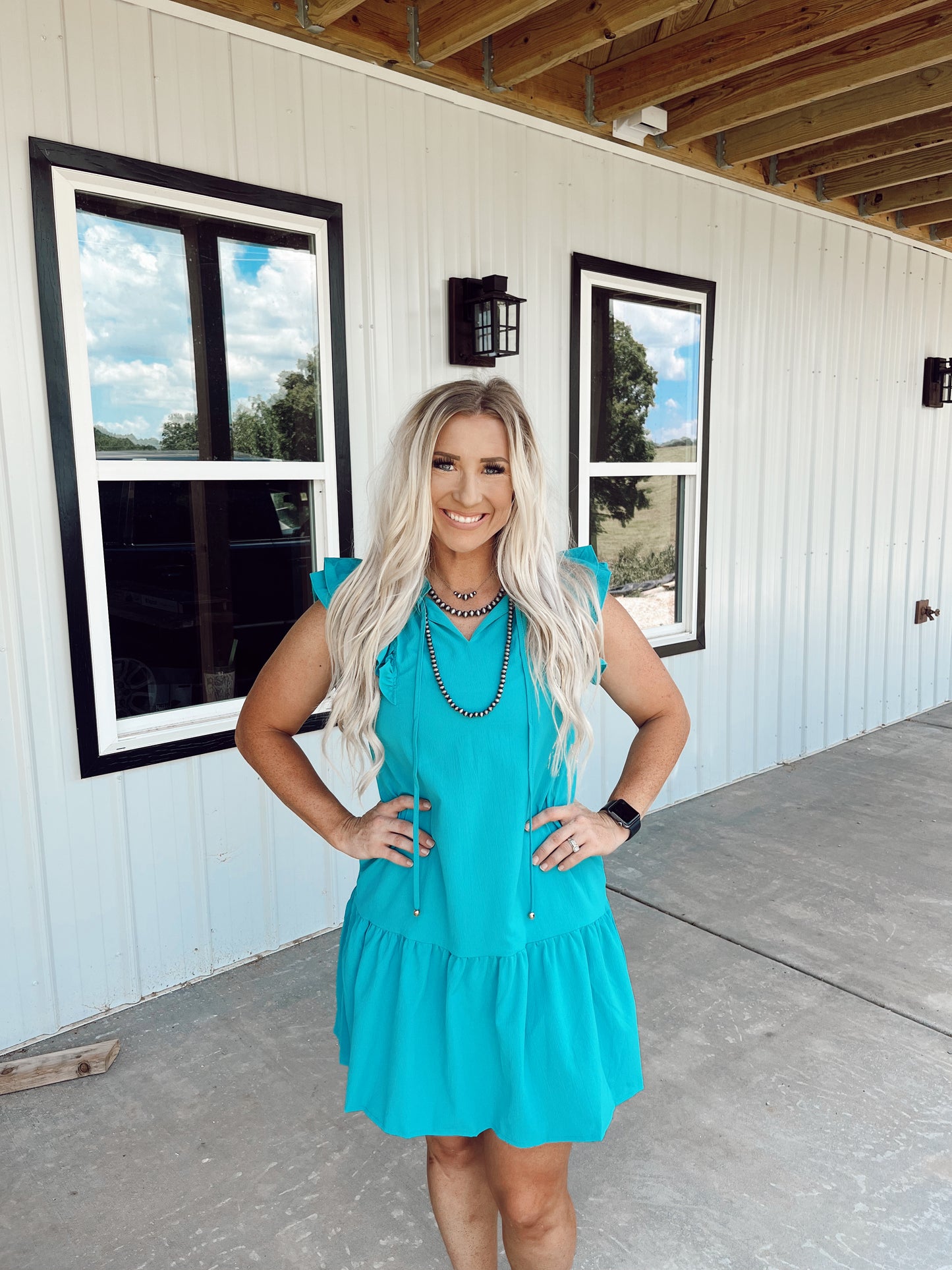 Tiered Ruffle Sleeved Mini Dress- Teal